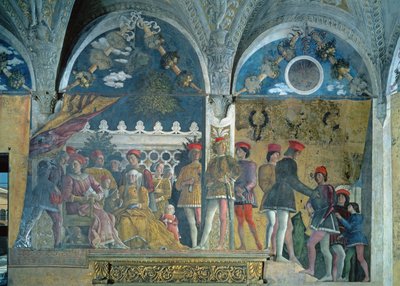 Marchese Ludovico Gonzaga III, hans kone Barbara av Brandenburg, deres barn, hoffmenn og deres hund Rubino, fra Camera degli Sposi eller Camera Picta, 1465-74 av Andrea Mantegna