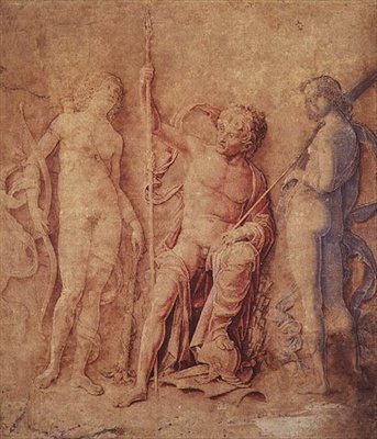 Mars, Diana og Iris (?) 1446-1506 (penn og brunt blekk, med brun, rød og blå vask, forsterket med hvit, på papir misfarget brun) av Andrea Mantegna
