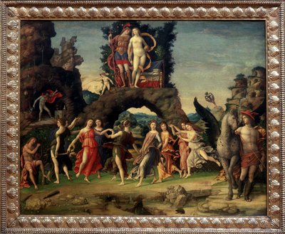Mars og Venus eller Parnassus. Maleri som viser Mars og Venus på klippen, Pegase og Merkur, Apollo og de ni musene Calliope (episk poesi), Clio (historie), Erato (lyrikkkunst), Euterpe (musikk), Melpomene (tragedie), Polymnie (retorikk), Terpsichore av Andrea Mantegna