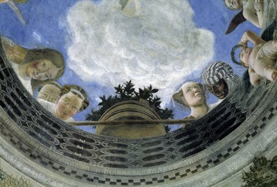 Occulus av taket til House of Spouses, Ducal Palace of Mantua, Italia (Camera degli Sposi, Palazzo Ducale, Mantova): detalj av allegoriske figurer og putti. Fresco av Andrea Mantegna (1431-1506) av Andrea Mantegna