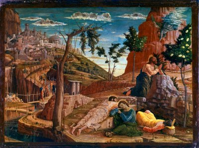 Bønn i Oljehagen Etter det siste måltid går Kristus til Getsemani-høyden, som dominerer Jerusalem sammen med apostlene. Romerske soldater nærmer seg for å stoppe ham. Altertavle av San Zeno de Verona. Maleri (tempera) på tre av Andrea Man av Andrea Mantegna