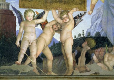 Putti med sommerfuglvinger som støtter dedikasjonsplaten, fra Camera degli Sposi eller Camera Picta, 1465-74 freskodetalj av 78449 av Andrea Mantegna