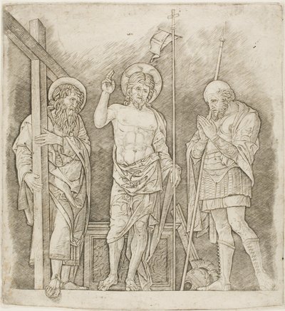 Oppstanden Kristus mellom de hellige Andreas og Longinus av Andrea Mantegna