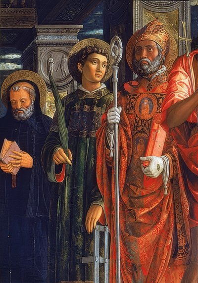 San Zeno-alteret. Detalj av høyre side. 1457-1460. Detaljen viser Augustine av Hippo, Lawrence av Roma og Benedikt av Nursia av Andrea Mantegna