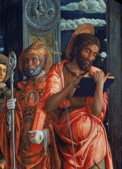 San Zeno-alteret. Detalj av høyre side. 1457-1460. Detaljen viser døperen Johannes og Augustin fra Hippo av Andrea Mantegna