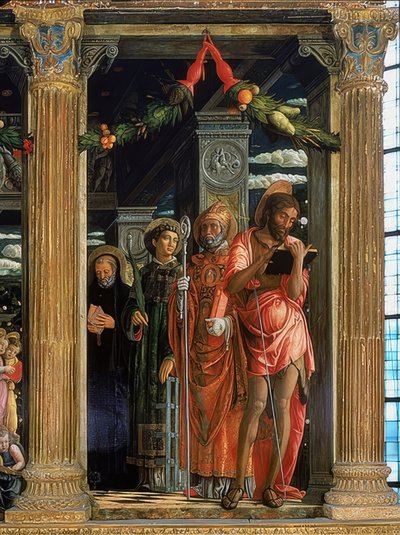 San Zeno-alteret. Høyre side. 1457-1460. Detaljen viser døperen Johannes, Lawrence av Roma, Augustin av Hippo og Benedikt av Nursia av Andrea Mantegna