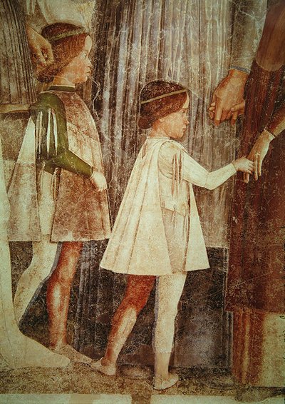 Ankomsten til kardinal Francesco Gonzaga, møtt av faren Marchese Ludovico Gonzaga III og hans brødre, detalj om Gonzague-barna, ca. 1465-74 (detalj av 78454) av Andrea Mantegna