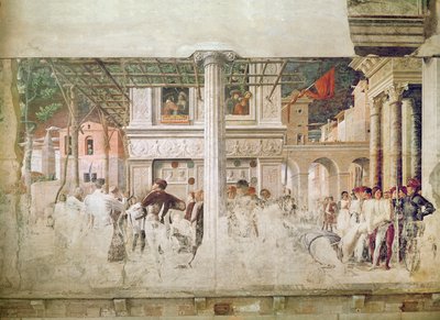 Saint Christophers martyrdød og flyttingen av kroppen hans (før restaurering), ca. 1450-56 av Andrea Mantegna