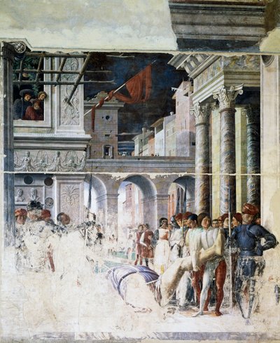 Transport av Saint Christopher halshugget kropp, detalj fra Martyrdom of Saint Christopher av Andrea Mantegna