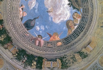 Trompe loeil oculus i midten av det hvelvede taket til Camera degli Sposi eller Camera Picta, 1465-74 freskomaleri av 72245 av Andrea Mantegna