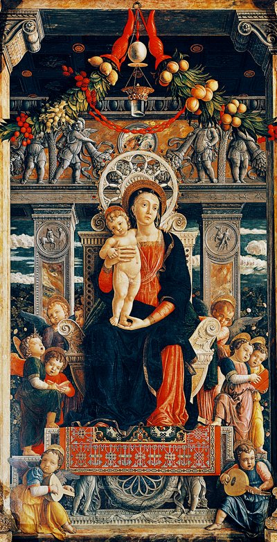 Jomfru tronet, detalj fra den sentrale delen av San Zeno-altertavlen av Andrea Mantegna (1431-1506), tre, 220x115 cm, Basilica of San Zeno, Verona av Andrea Mantegna