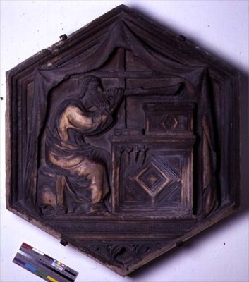 Musikk, sekskantet dekorativ relieffflis fra en serie som viser de syv liberale kunstene, muligens basert på design av Giotto (ca. 1266-1337) ca. 1334-48 (marmor) av Andrea Pisano