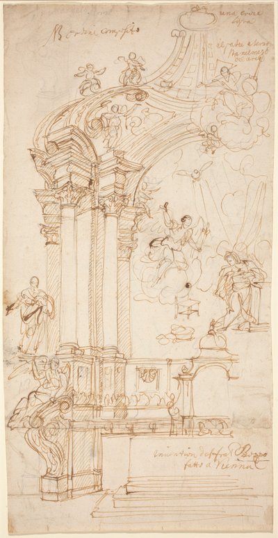 En baldakin med et maleri av bebudelsen, ca. 1708 eller senere (penn- og blekktegning) av Andrea Pozzo