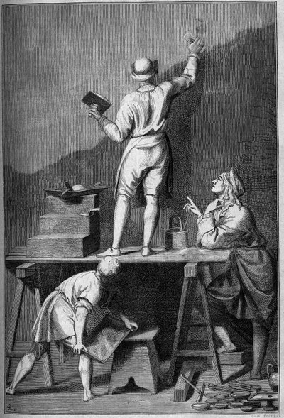 Forberedelse av gipsen for et freskomaleri (affresco). Tegning av Chevignard av Andrea Pozzo. av Andrea Pozzo