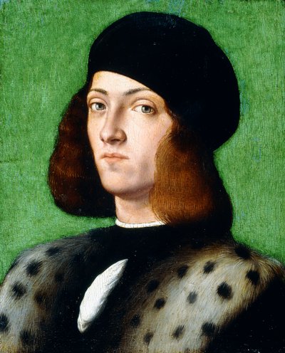 Portrett av en ung herre, bystelengde, iført svart hette og svart frakk, 1506 av Andrea Previtali
