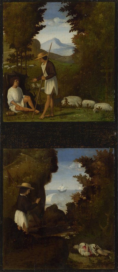 Scener fra Tebaldeos Eclogues. Thyrsis finner kroppen til Damon, ca. 1510 av Andrea Previtali
