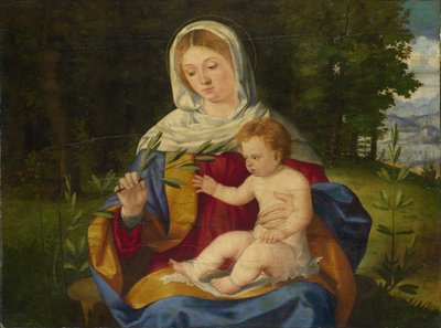 Jomfruen og barnet med et olivenskudd, ca 1515 av Andrea Previtali