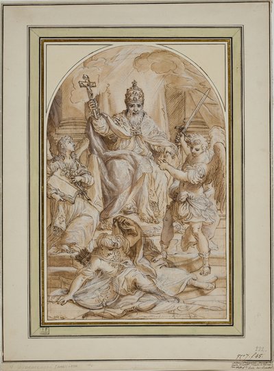 En pave tronet og flankert av en engel med en bok og St. Mikael som dreper en tyrker av Andrea Proccaccini