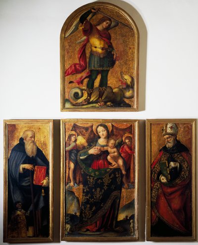Polyptyk med Madonna og hellige, av Andrea Sabatini da Salerno (1480-1530), maleri på tre. av Andrea Sabatini