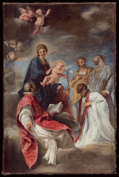 Madonnaen og barnet med de hellige Ignatius av Loyola, Francis Xavier, Cosmas og Damian av Andrea Sacchi