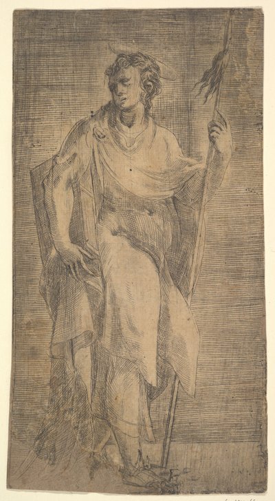 En helgen, muligens Matthew, holder en stav og en bok, ca. 1540-50. av Andrea Schiavone