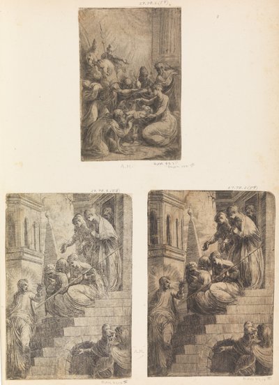 Tilbedelse av magi, Kristus og kvinnene på trappen, ca. 1541-44. av Andrea Schiavone