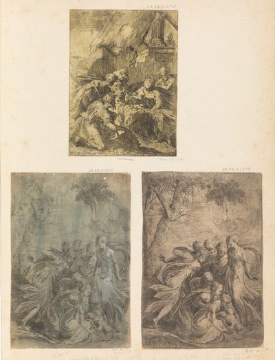 Tilbedelse av hyrdene, Moses reddet fra Nilen, ca. 1540-44. av Andrea Schiavone