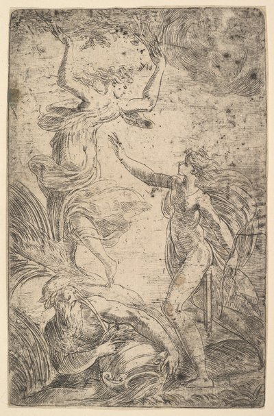 Apollo til høyre holder en bue som jager Daphne til venstre, ca. 1538-40. av Andrea Schiavone