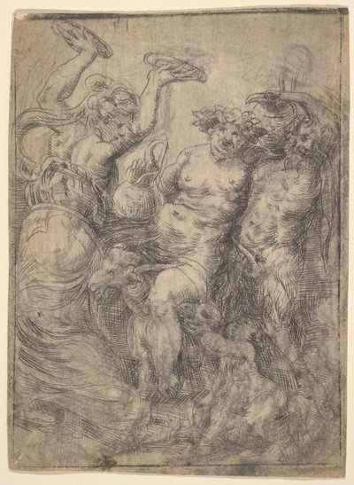 Bacchic fest med Silenus som rir på en geit i sentrum, ca. 1540-43. av Andrea Schiavone
