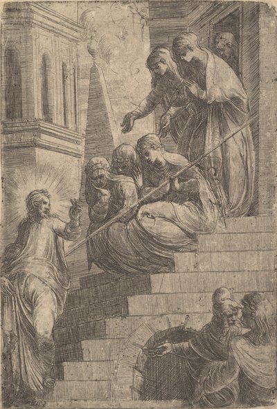 Kristus henvendte seg til en gruppe kvinner som sitter og står på trapper, ca. 1541-44. av Andrea Schiavone