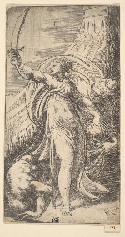 Judith løftet sverdet i høyre hånd, og plasserte hodet til Holofernes i sa..., ca. 1542-45. av Andrea Schiavone