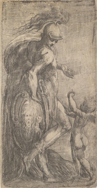 Mars står til venstre og lener seg på et skjold, Amor til høyre, ca. 1542-46. av Andrea Schiavone