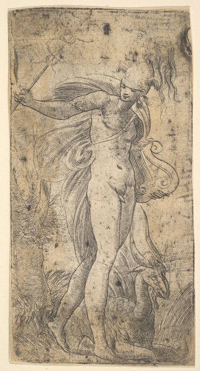 Mercury står og holder en kadekus i høyre hånd, en lyre i venstre, ca. 1536-40. av Andrea Schiavone