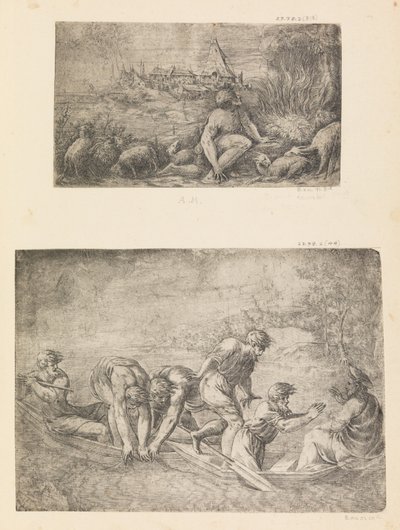 Moses og den brennende busken, det mirakuløse utkastet til fisk, ca. 1544-48. av Andrea Schiavone