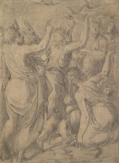 Moses viste vaktlene til israelittene miraklet med vaktlene og manna, ca. 1545. av Andrea Schiavone