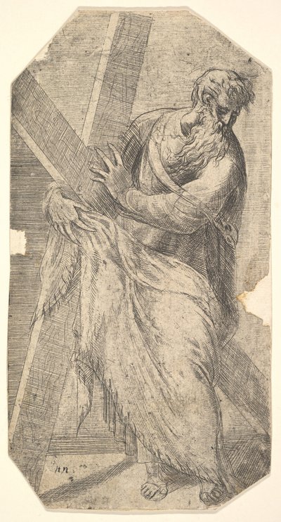 Saint Andrew holder et stort kors, fra 'Christ and the Apostles', ca. 1548-50. av Andrea Schiavone