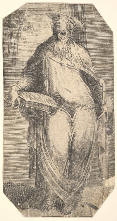 Saint Simon står og støtter en bok på høyre lår, fra 
