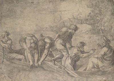Det mirakuløse utkastet til fiskene, Kristus til høyre akkompagnert av apostler i..., ca.1548-52. av Andrea Schiavone