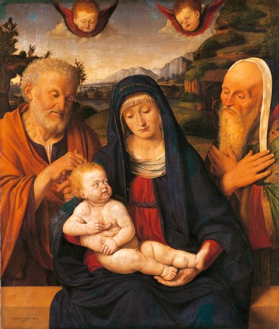 Madonna og barn med de hellige Josef og Simeon av Andrea Solario (1470-1524), tempera og olje på panel, overført til lerret av Andrea Solario