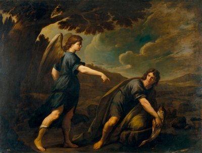 Engelen og Tobias med fisken - Maleri av Andrea Vaccaro (1604-1670), olje på lerret (199,5x262 cm), ca. 1640, italiensk kunst av Andrea Vaccaro