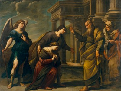 Raguel velsigner datteren sin Sarah før avreise til Ecbatane med Tobias (Raguel's Blessing of her Daughter Sarah before Leaving Ecbatana with Tobias) - Maleri av Andrea Vaccaro (1604-1670), olje på lerret (200,3x262 cm), ca. 1640, art italian århundre, av Andrea Vaccaro