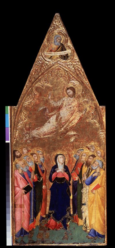 ""Kristi himmelfart"" Under, Jomfru Maria og apostlene observerer Jesus Kristus. Over, representasjon av profeten Jeremia. Tempera på tre av Andrea Vanni (1332-1414) 1355-1360 Dim. 68x28 cm Eremitagemuseet, St. Petersburg (Saint-Petersbo av Andrea Vanni