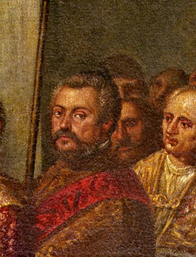 En venetiansk senator, detalj fra kong Henri III av Frankrike som besøkte Venezia i 1574, fra Room of the Four Doors (detalj av 71525) av Andrea Vicentino