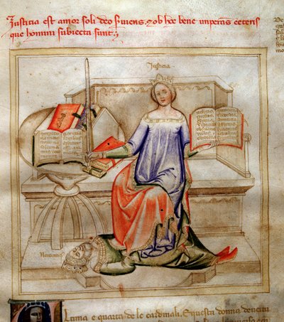 Allegories of Justice i "" Chansonne des sept Vertus et des sept Arts liberales bestemt til Bruzio Visconti "" (Sangen om dyder og vitenskaper) av Bartolomeo di Bartoli. Akvarell av Andrea di Bartoli (aktiv mellom 1358 og 1368) (ms. 599, fol. av Andrea de Bartoli