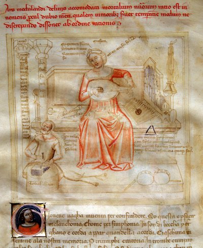 Allegorier av musikken i "" Chansonne des sept Vertus et des sept Arts liberales destinee à Bruzio Visconti "(The Song of Virtues and Sciences) av Bartolomeo di Bartoli. Akvarell av Andrea di Bartoli (aktiv mellom 1358 og 1368) (ms. 599, fol. av Andrea de Bartoli