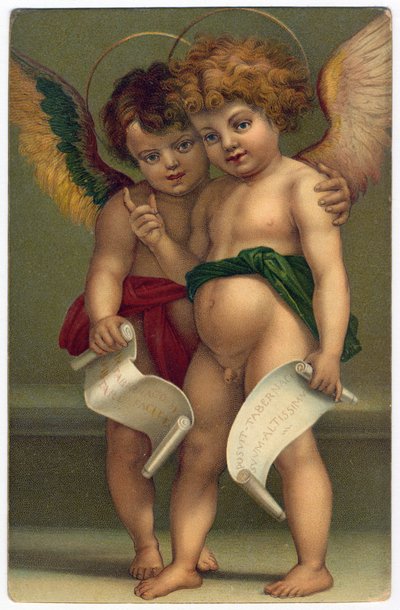 To engler. Fromt bilde etter maleren ANDREA DEL SARTO (1486-1530), Dresden, ca. 1910 (kromolitografi) av Andrea del (after) Sarto