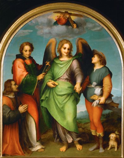 Erkeengelen Rafael og Tobias, Sankt Laurentius og giveren, Leonardo di Lorenzo Morelli (maleri på tre) av Andrea del Sarto