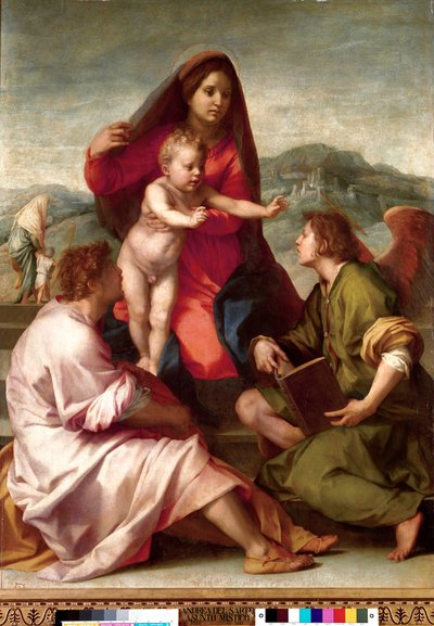 Madonna della Scala. Hellig familie med en engel. Maleri av Andrea del Sarto (1486-1531) 1522-1523 Søn. 1,77x1,35 m Madrid, Prado-museet av Andrea del Sarto