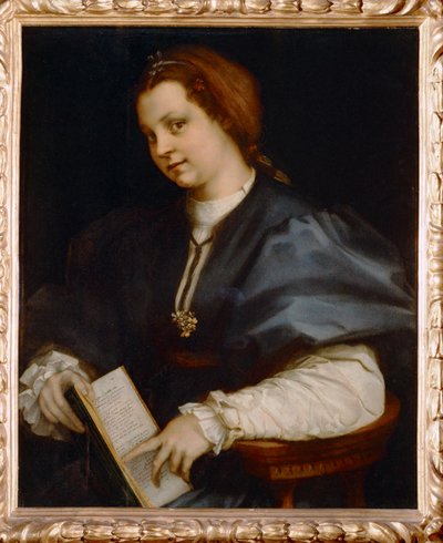 Portrett av en jente med Petrarca, en liten utgave av dikt av Petrarca (maleri på tre) av Andrea del Sarto