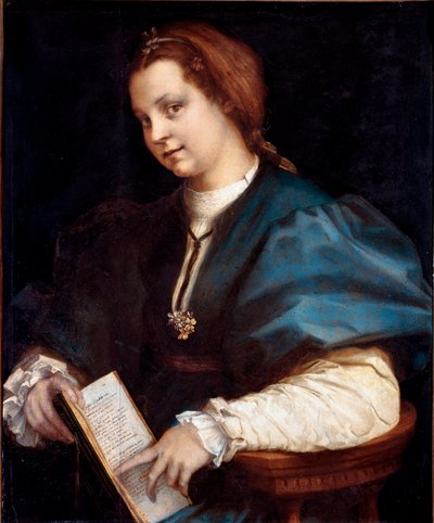 Portrett av en ukjent (Lady at Petrarchino, kvinnen holder i hendene en kopi av «Canzoniere»» av Petrarch (Petrarca) Tremaleri av Andrea del Sarto (1486-1530) 1528 ca. søn. 84x69 cm Firenze, Galleria degli Uffizi (Kontorer) av Andrea del Sarto